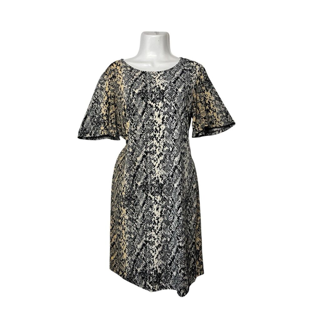 Alexandra Oak Snakeskin Dress Black Beige Medium Flutter Sleeve Stretch Career